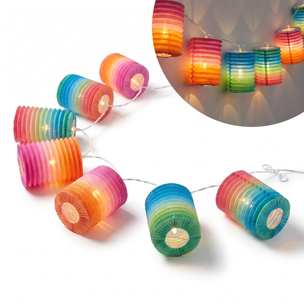 Summer Boho Multi-Color Light-Up Paper Lantern Garland, 10-ft