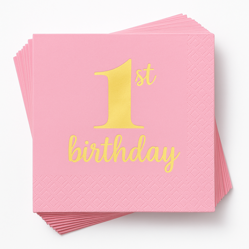 Metallic Pink and Gold 1st Birthday Beverage Napkins