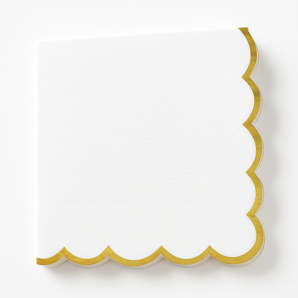 White Scalloped Beverage Napkins with Gold Hot Stamped Edge - 5 In. X 5 In.