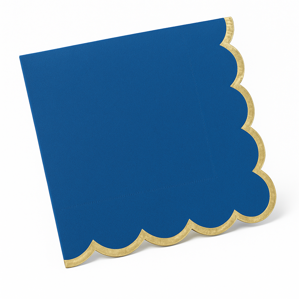 Royal Blue Scalloped Beverage Napkins with Gold Edge - 5 in.