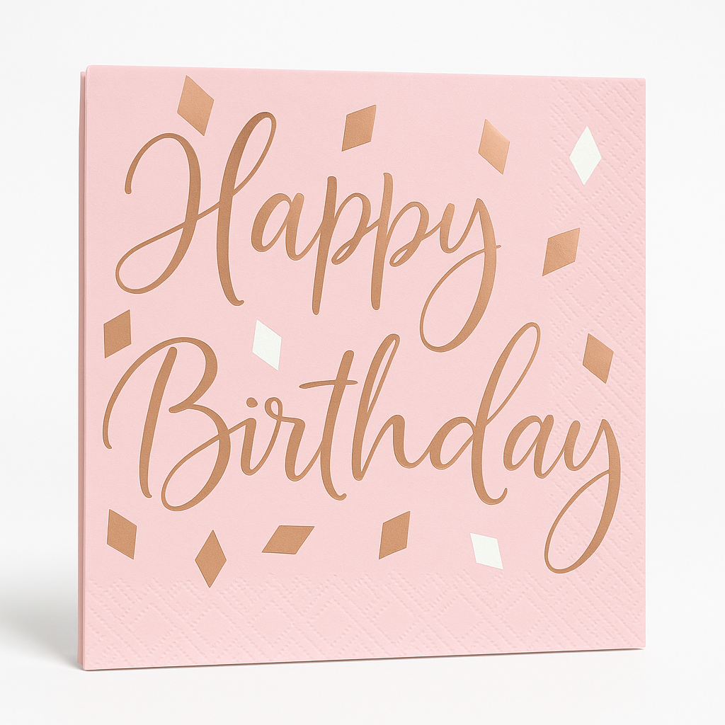 Blush Birthday Beverage Napkins with Rose Gold "Happy Birthday" Design, 5-Inch, 12-Pack