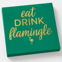"Eat Drink Flamingle" Flamingo Beverage Napkins, Teal/Gold, 16-Pack - 5 In. X 5 In.