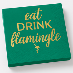 "Eat Drink Flamingle" Flamingo Beverage Napkins, Teal/Gold, 16-Pack - 5 In. X 5 In.