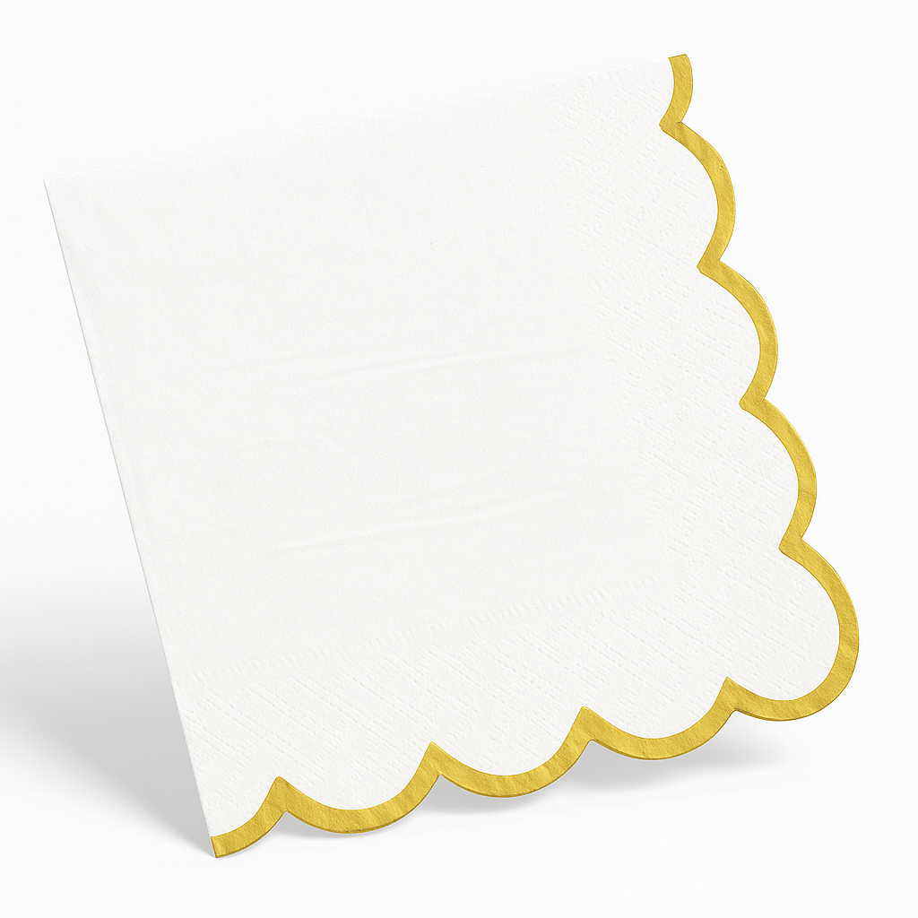 Elegant White Lunch Napkins with Gold Scalloped Edge