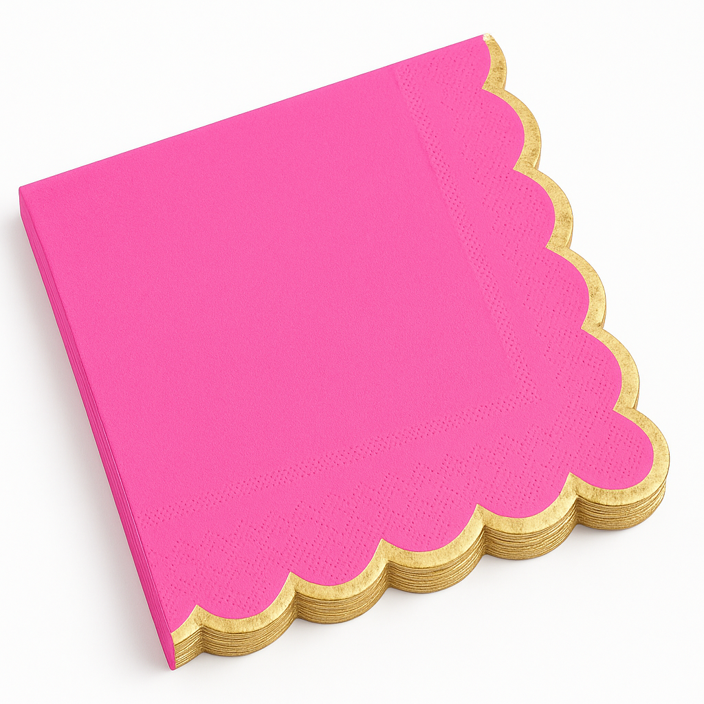 Bright Pink Scalloped Edge Luncheon Napkins with Gold Hot Stamp - 6.5 in.