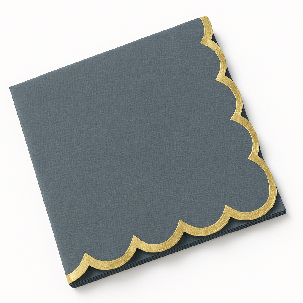 Elegant Dark Grey Luncheon Napkins with Gold Scalloped Edge - 6.5 in.