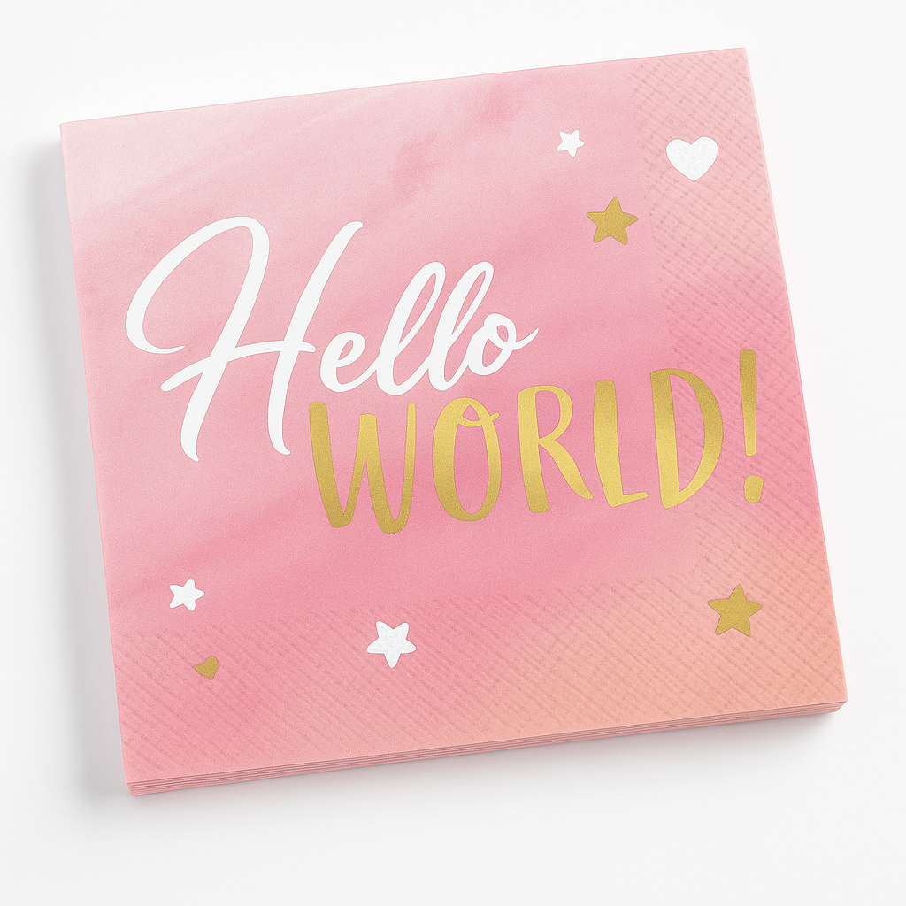"Hello World" Pink and Gold Lunch Napkins - 16 Pack