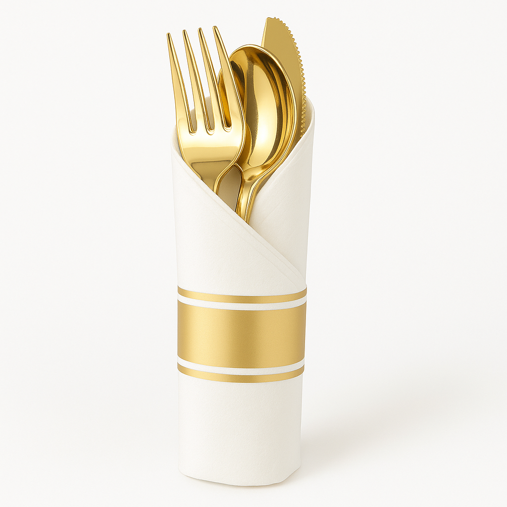 Elegant Gold Rolled Cutlery Set with Printed Guest Towel