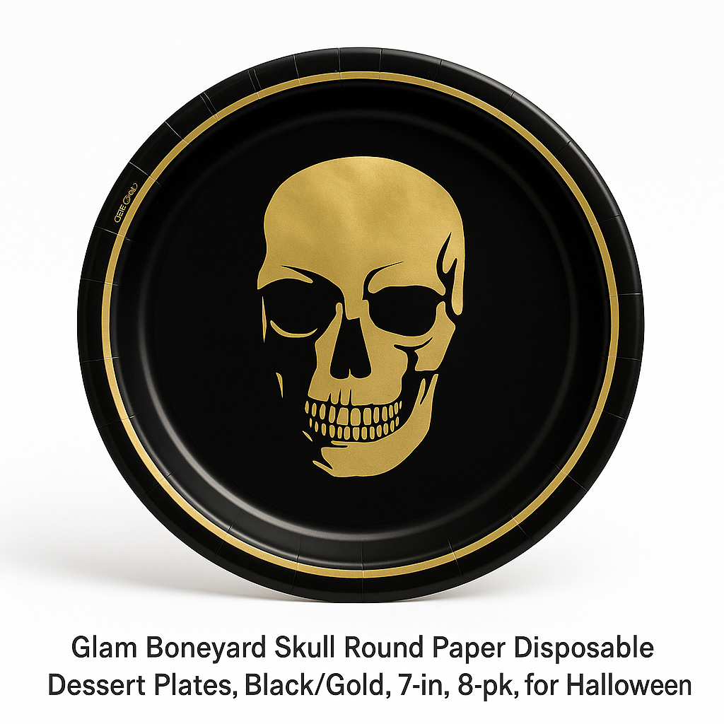 Glam Boneyard Metallic Skull Halloween Plates, 7-Inch, 8-Pack
