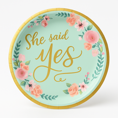 "She Said Yes" Floral 7" Round Metallic Mint Dessert Plates - 8 Pack