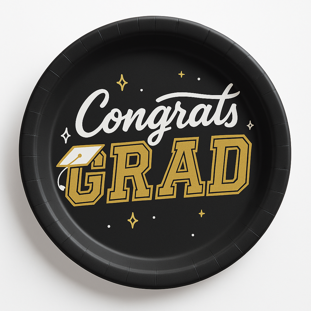 "Congrats Grad" 7-Inch Round Metallic Paper Plates - Black/Gold, 8-Pack