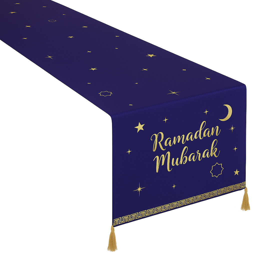 "Ramadan Mubarak" Navy & Gold Table Runner - 14x72-in Fabric Decoration