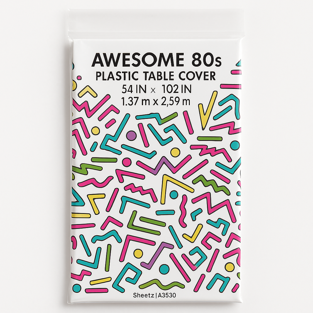 Awesome '80s Plastic Table Cover - Bold Memphis Design, 54x102-Inch