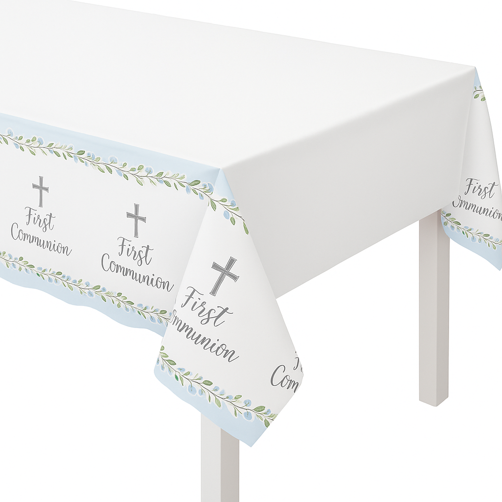 Sacraments First Communion Plastic Table Cover, Blue/White, 54x104-Inches - 54 x 104 in.