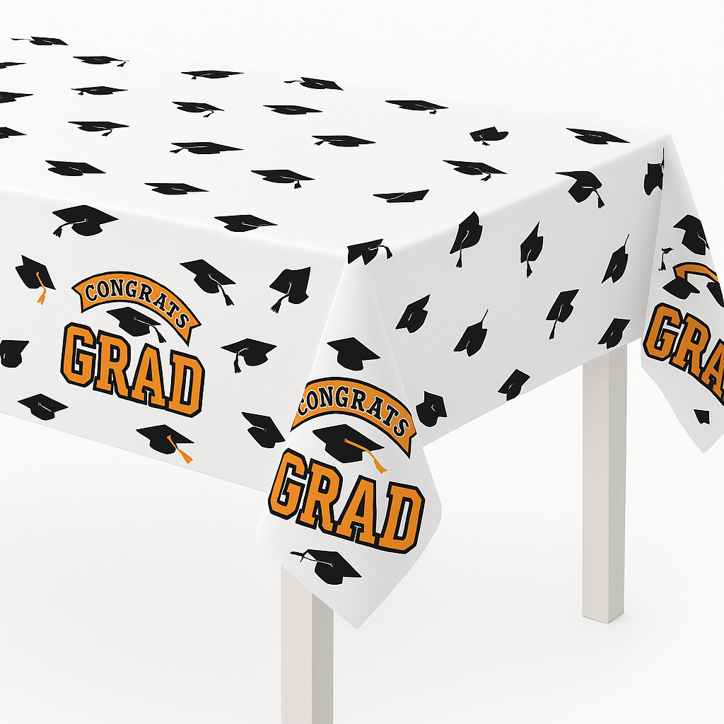 True to Your School "Congrats Grad" Orange Plastic Table Cover, 54x84-in