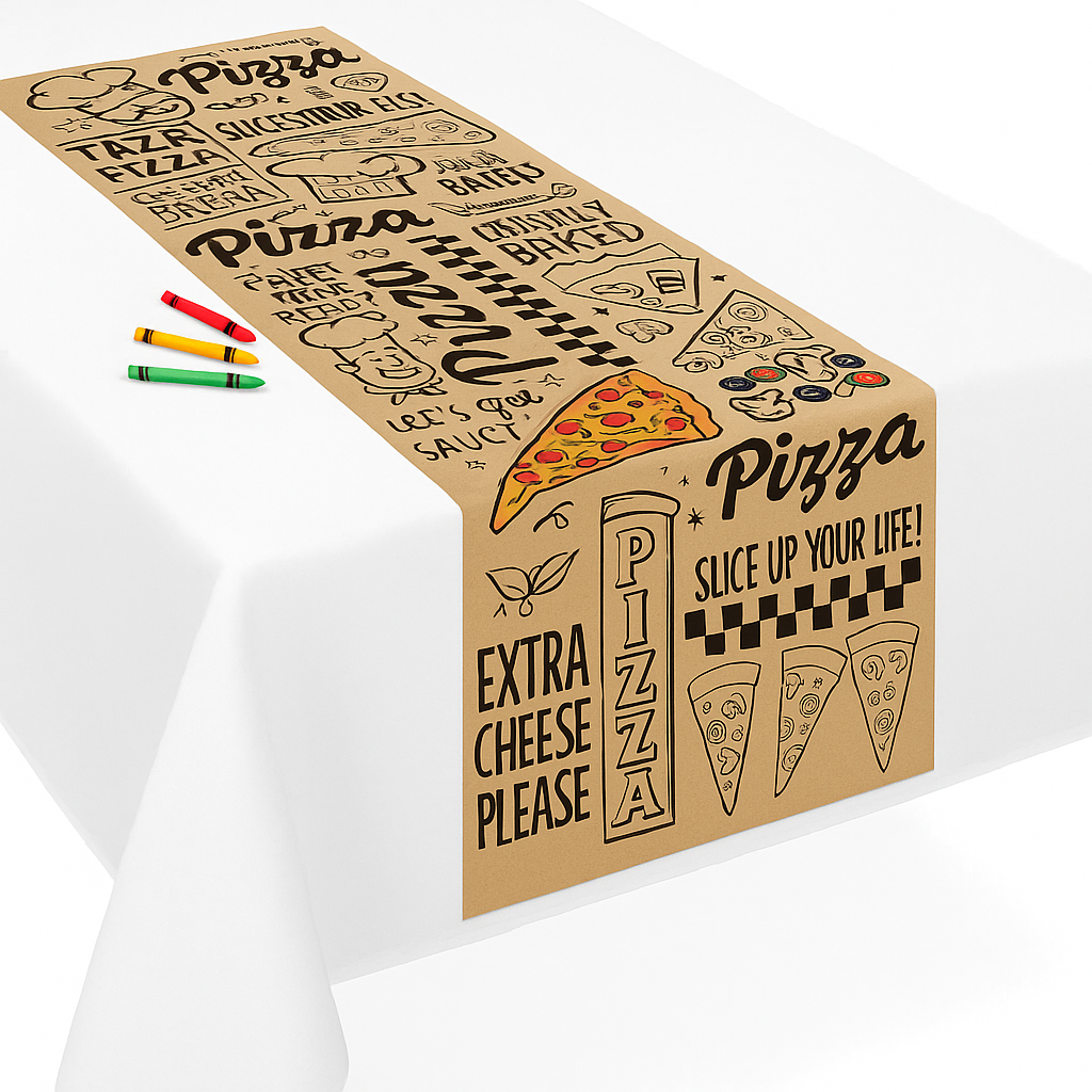 Pizza Party Kraft Paper Table Runner with Crayons, 13x72 Inches