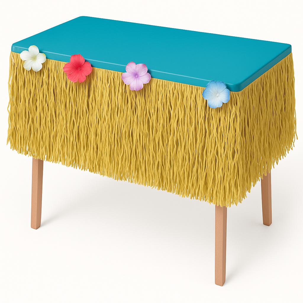 Tropical Natural Grass Table Skirt with Hibiscus Accents - 9ft x 15in