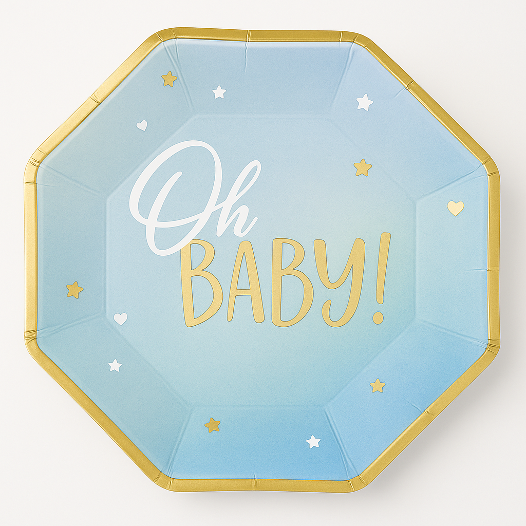 "Oh Baby!" Blue and Gold Octagonal Dinner Plates - 10", 8-Pack