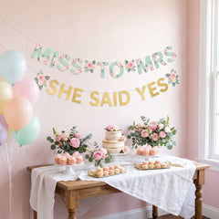 Mint Floral "Miss to Mrs" and "She Said Yes" Wedding Banner Kit