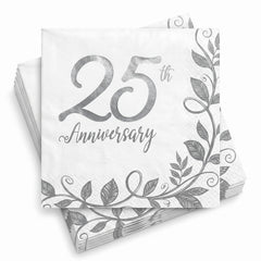 Silver 25th Anniversary Lunch Napkins - 6.5 In. x 6.5 In. - 16 Pack