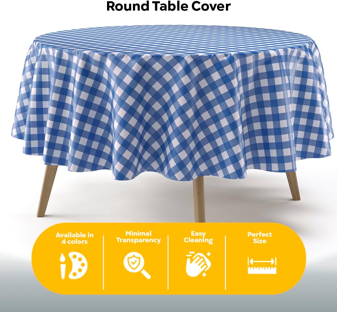 Round Blue Gingham Plastic Table Cover - 84 in.