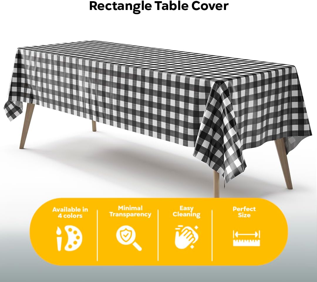 Black Gingham Plastic Table Covers | 6 Pack - 54 In. x 108 In.