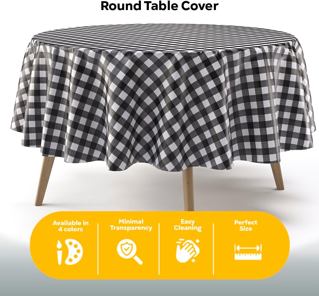 Round Black Gingham Plastic Table Covers | 12 Pack - 84 in.