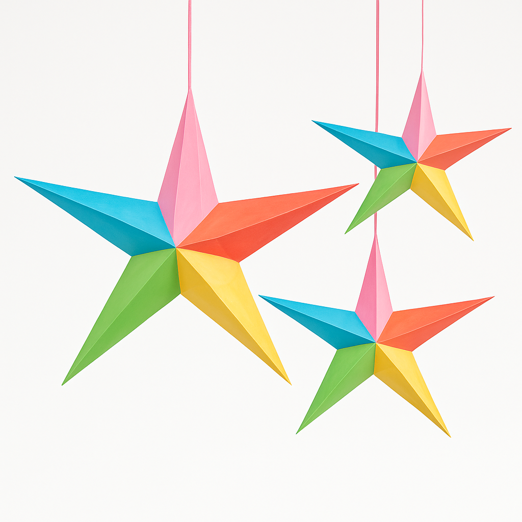 Vibrant 3D Multi-Coloured Star Decorations - Set of 3