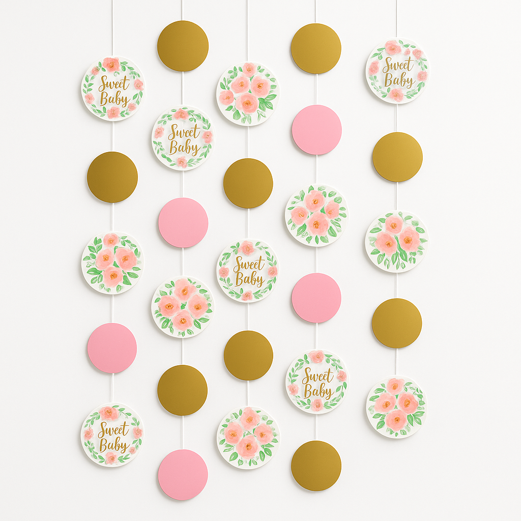 Floral Baby Shower String Decorations, Pink & Gold, 7-ft, 6-Pack