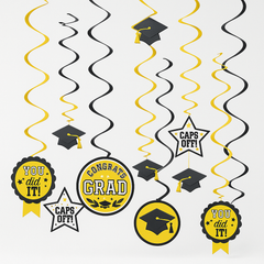 Yellow Graduation Swirl Hanging Decorations, 12-Pack