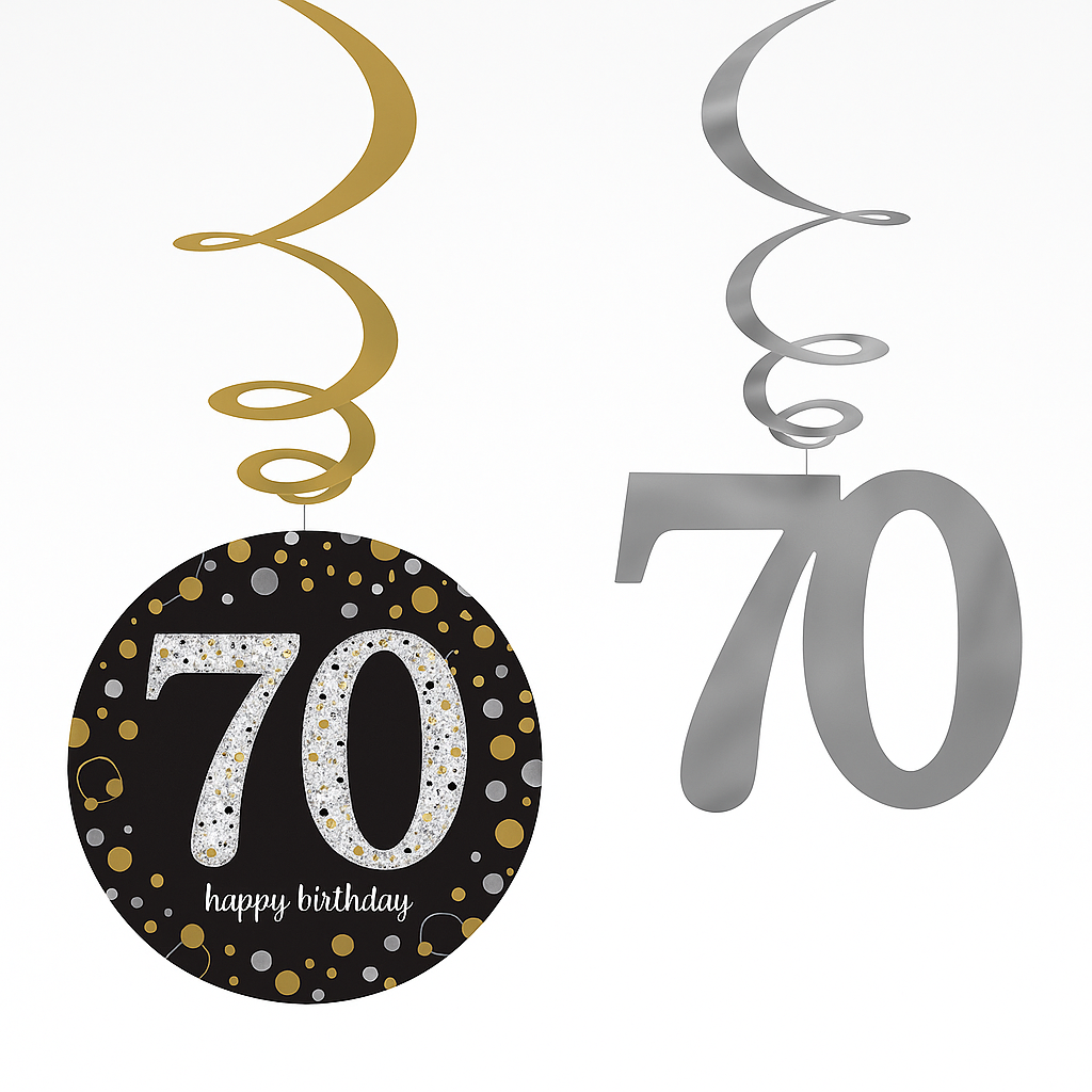 Sparkling Celebration 70th Birthday Swirl Decorations - Metallic Gold, Silver, and Black