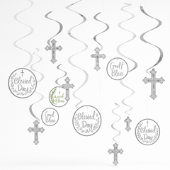 Silver Cross Holy Day Swirl Decorations - 12 Pack