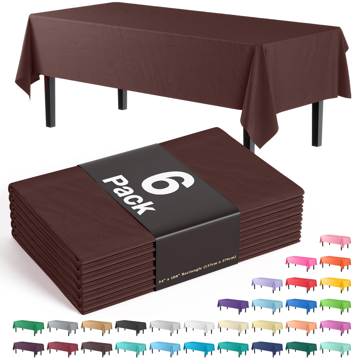 Premium Brown Plastic Table Covers | 6 Pack - 54 In. x 108 In.