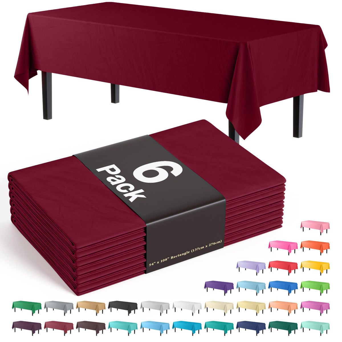 Premium Burgundy Plastic Table Covers | 6 Pack - 54 In. x 108 In.