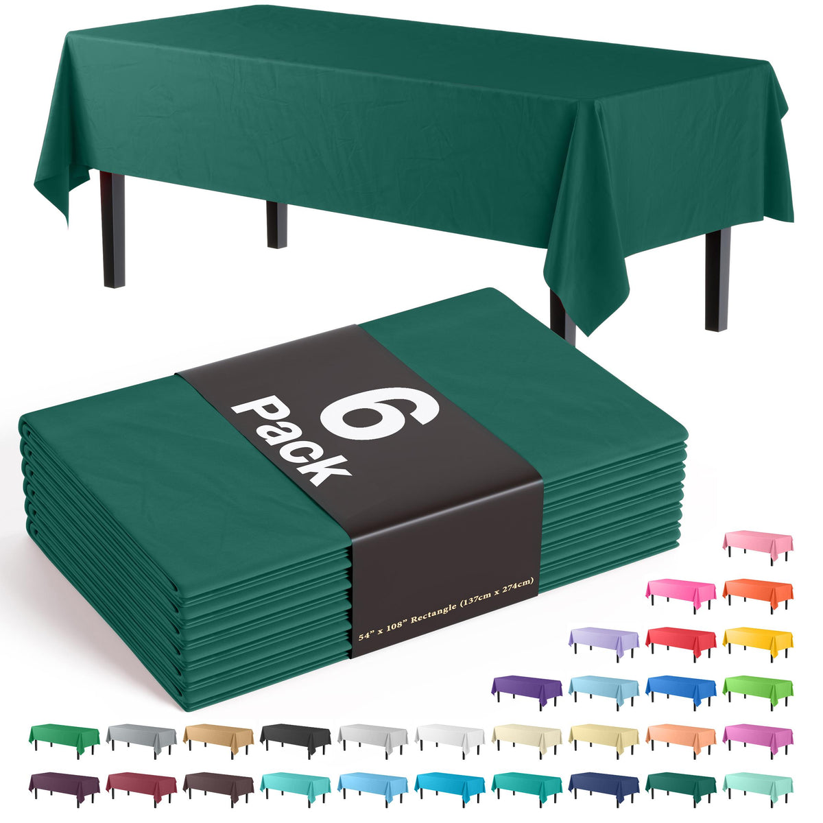 Premium Dark Green Plastic Table Covers | 6 Pack - 54 In. x 108 In.