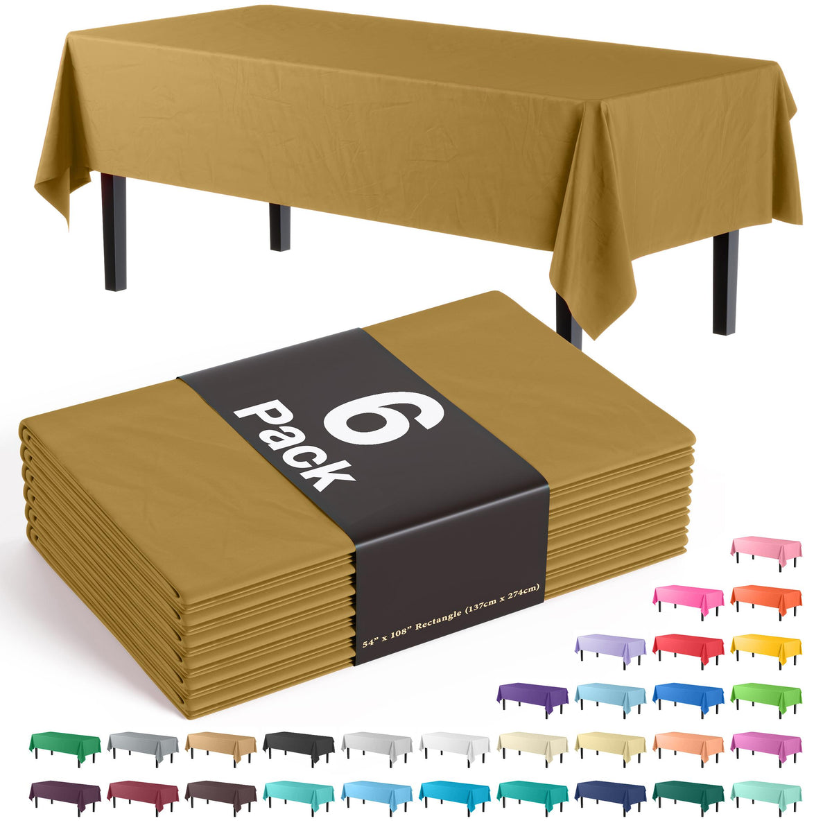 Gold Plastic Table Covers | 6 Pack - 54 In. x 108 In.