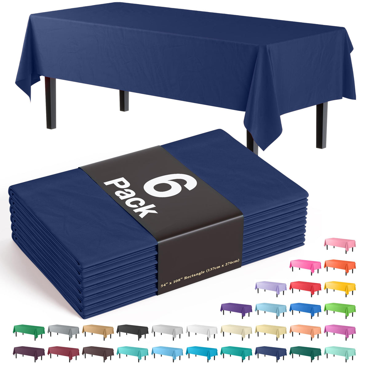Premium Navy Blue Plastic Table Covers | 6 Pack - 54 In. x 108 In.