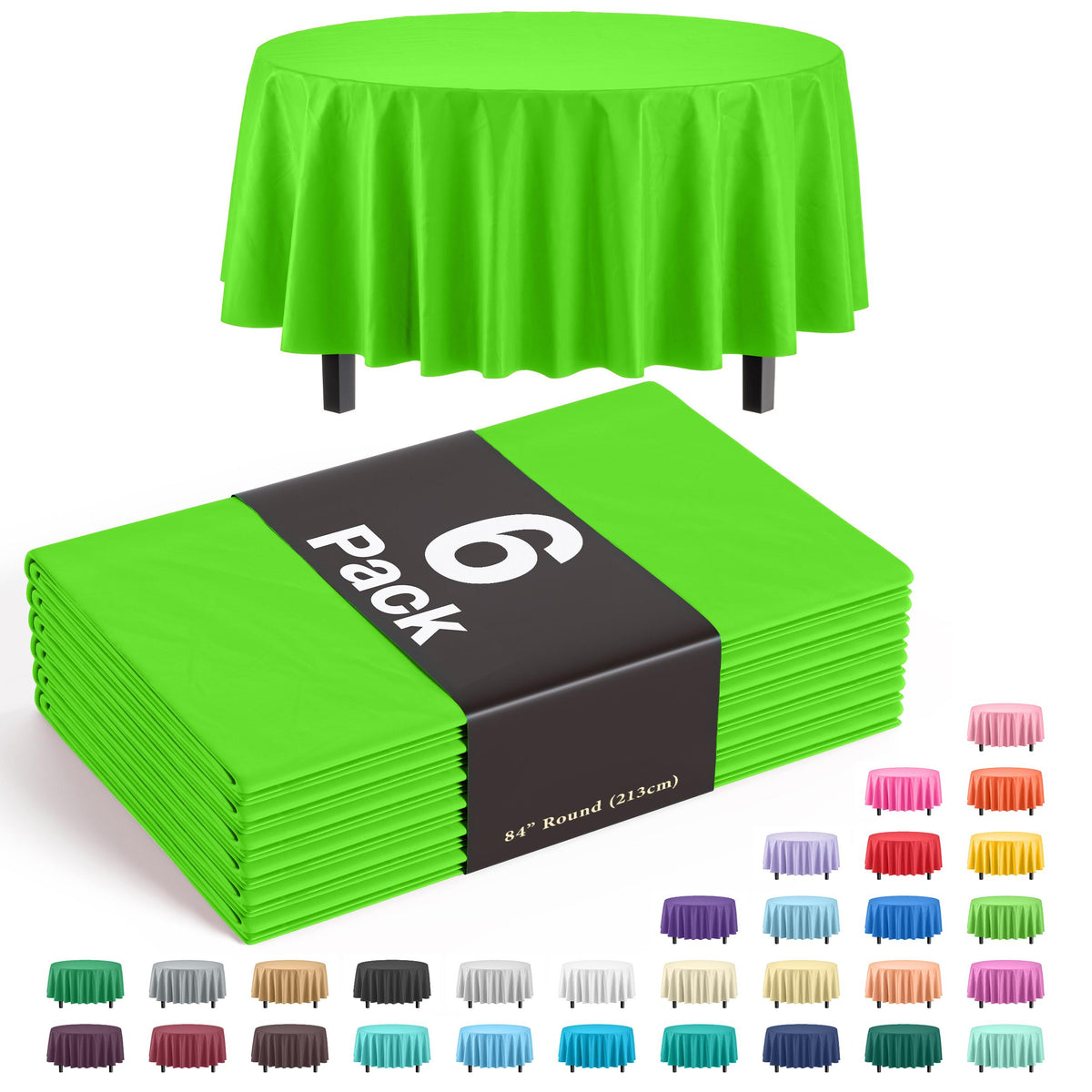 Premium Round Lime Green Plastic Table Covers | 6 Pack