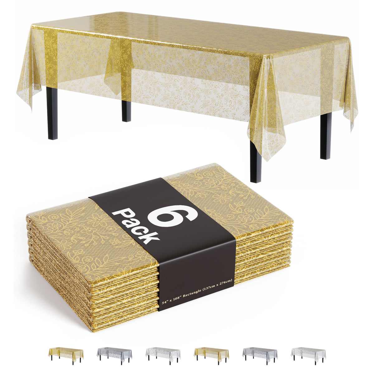 Gold Floral Plastic Table Covers | 6 Pack | 54 in. x 108 in.