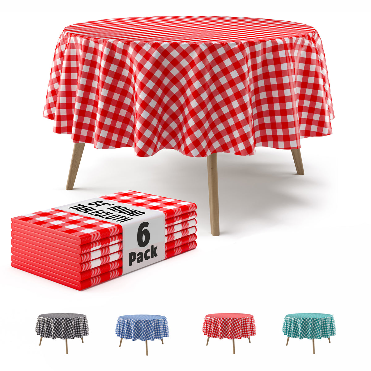 Round Red Gingham Plastic Table Covers | 6 Pack | 84 in.