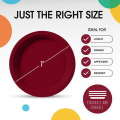 7 In. Burgundy Plastic Plates | 50 Count