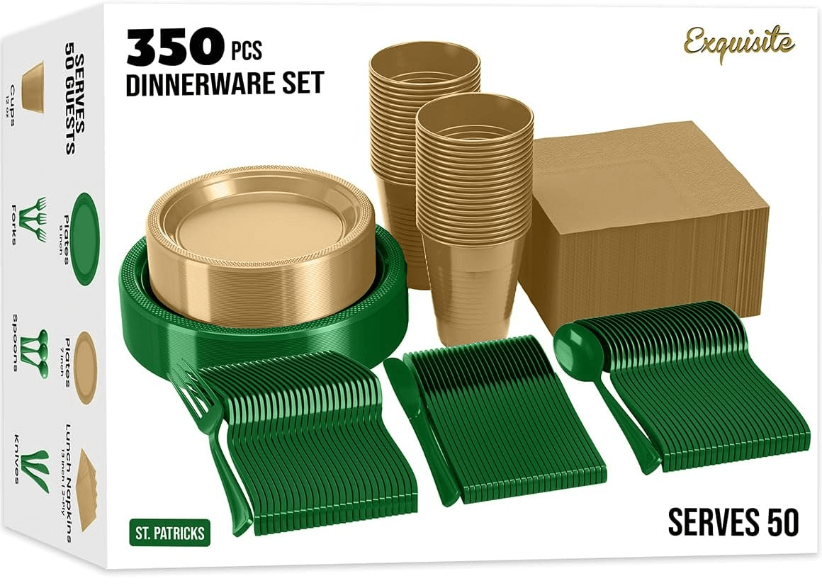 350 Pcs Green & Gold Disposable Tableware Set
