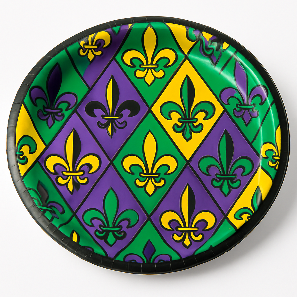 Mardi Gras Fleur-de-Lis 9" Round Paper Plates - 18 Pack