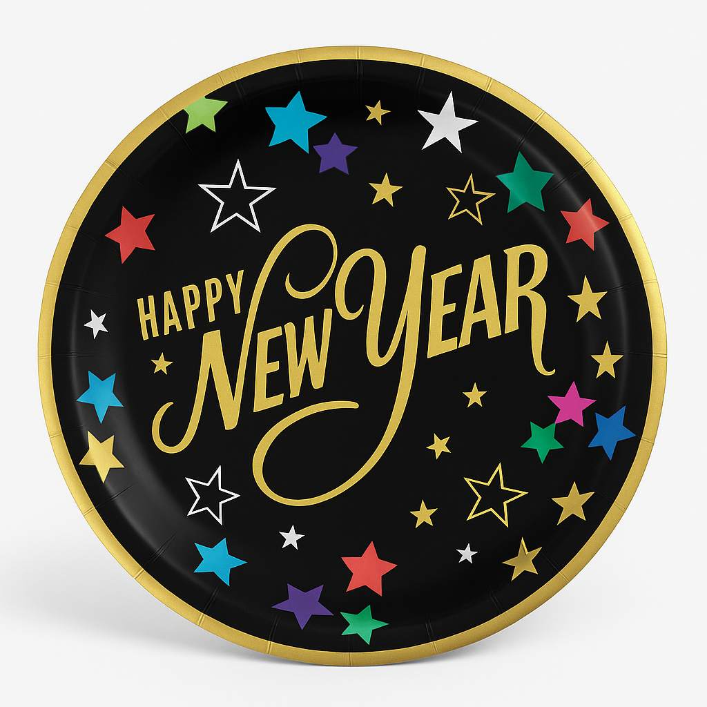 Starlight "Happy New Year" 10-Inch Round Paper Plates, 20-Pack