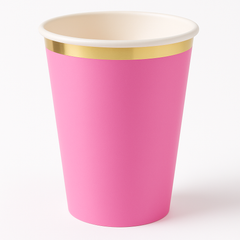Bright Pink Paper Cups with Gold Trim - 12oz