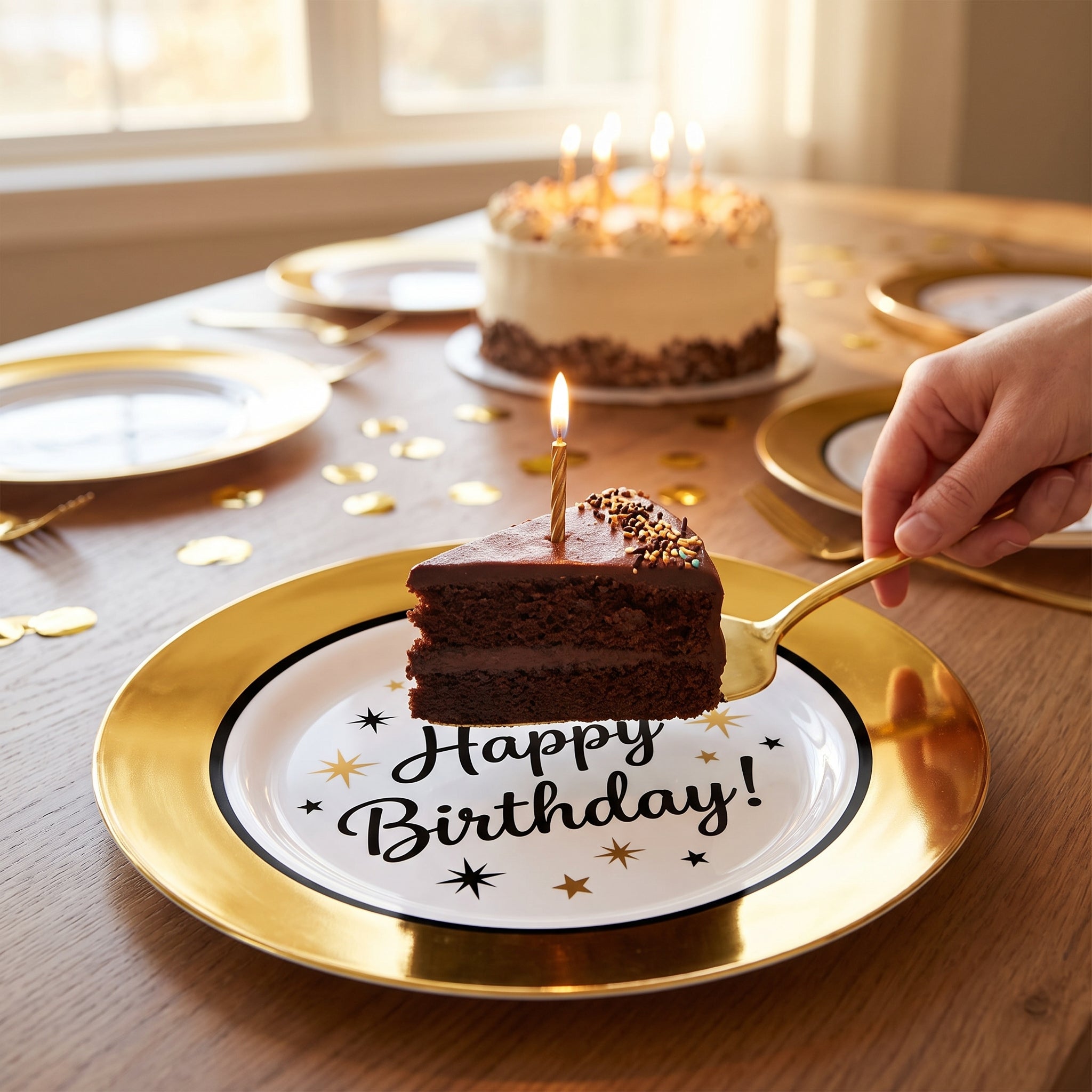 Metallic Gold Happy Birthday Premium Plastic Dinner Plates, 10-Pack