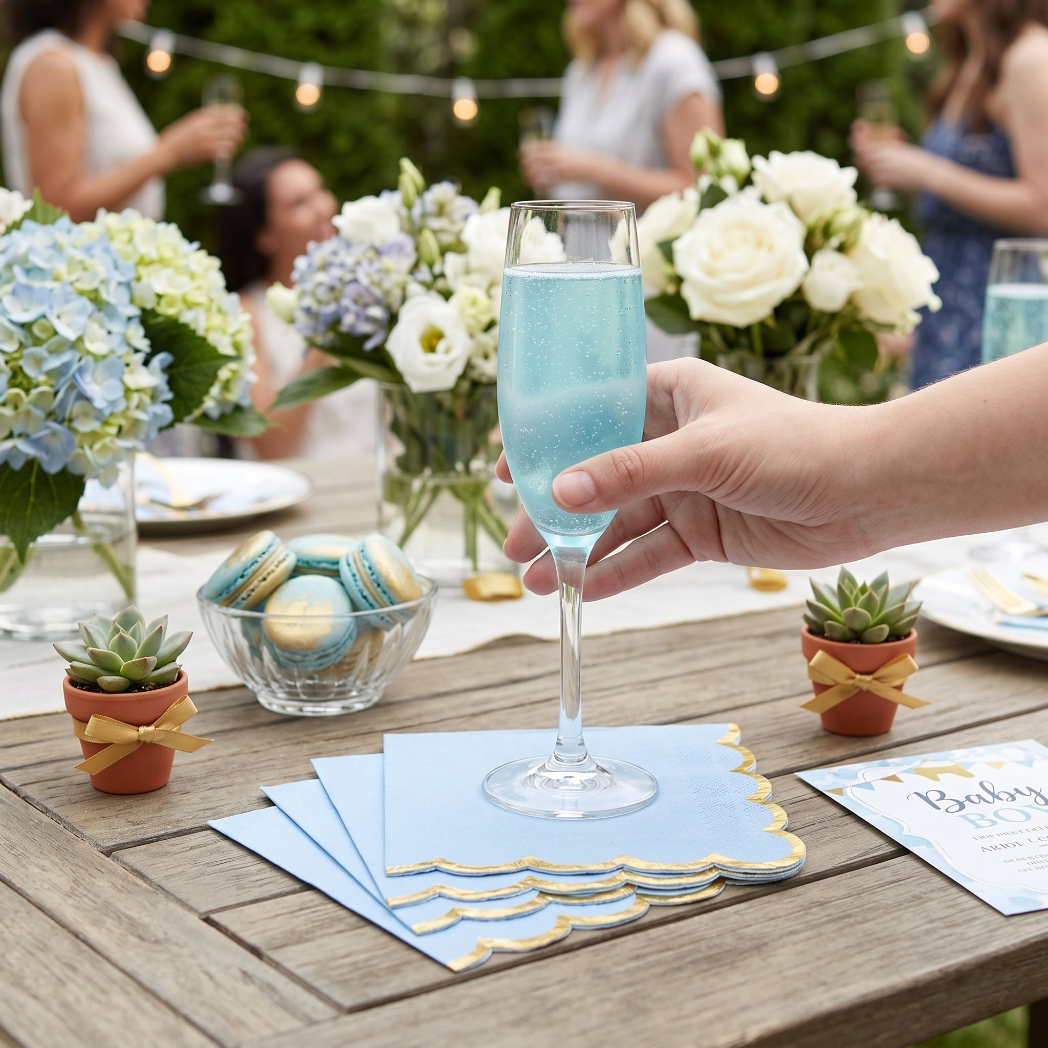 Scalloped Edge Beverage Napkins - Ice Blue with Gold Foil Border, Decorative Cocktail Napkins for Baby Shower, Birthday, Tea Party, Christening - 5 In. X 5 In.