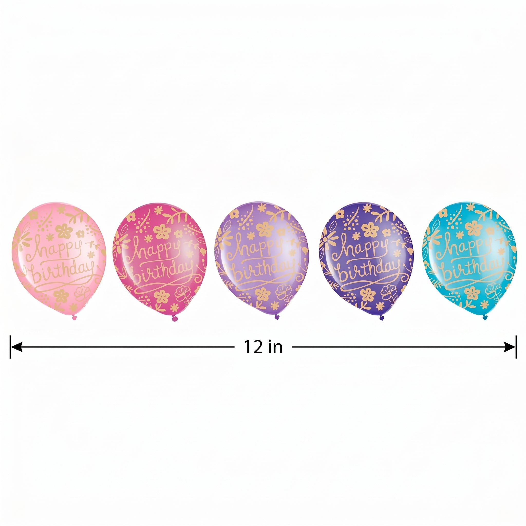 Happy Birthday Floral Latex Balloons - Gold Print Assorted Pink Purple Blue Teal 12-Inch 20-Pack for Elegant Birthday Party Decorations