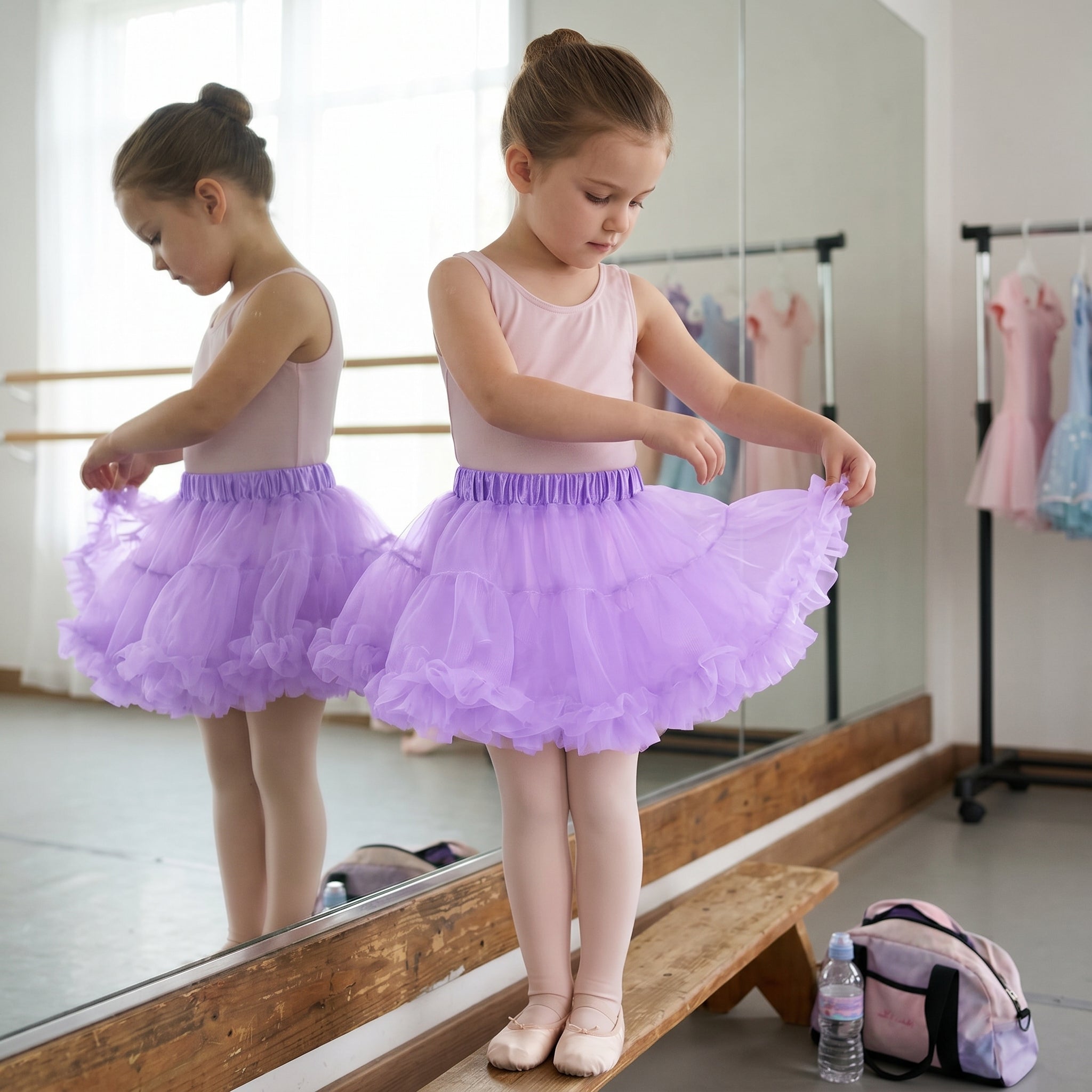 Girls Lavender Tutu Skirt - Layered Tulle Ballet Petticoat with Satin Elastic Waist for Dance, Dress Up, Princess Costume - M/L