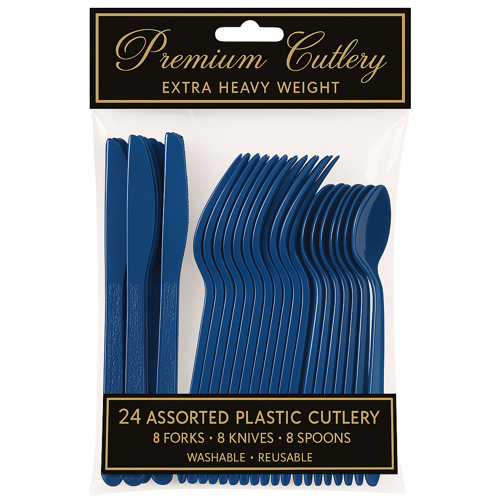 Royal Blue Heavyweight Plastic Cutlery Set - 24 Pieces